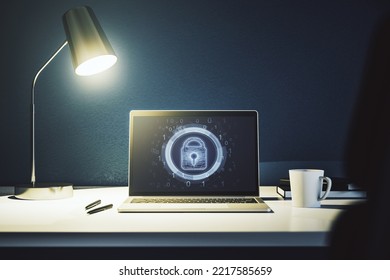 Creative Lock Sketch With Chip Hologram On Modern Computer Monitor, Protection Of Personal Data Concept. 3D Rendering