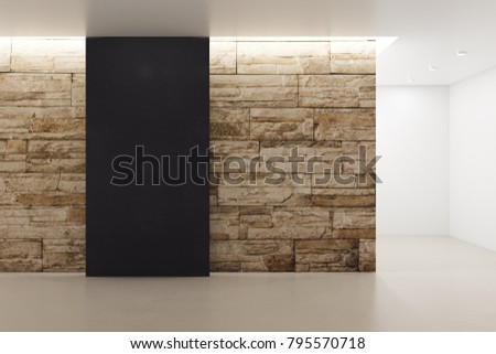 Creative loft interior with empty poster on stone background. Gallery, exhibition and ad concept. Mock up, 3D Rendering 