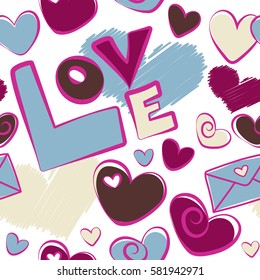 Creative, luxury style on a white. Print card, cloth, wrapper, cover, gift, banner, poster, greeting, invitation. Seamless Valentines day pattern with hearts in magenta, brown and purple colors.