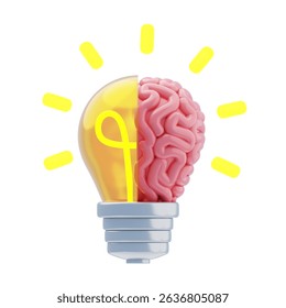 Creative Mind 3D Icon. Brain merged with lightbulb 3d icon