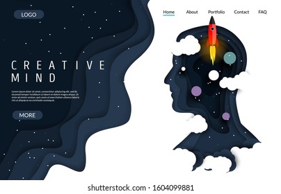 Creative mind website template, web page and landing page design for website and mobile site development. Paper cut human head silhouette with night starry sky, rocket and planets.