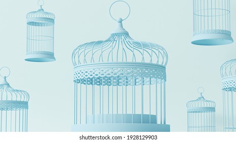 Creative Minimal Concept With Pastel Blue Bird Cage.  Trendy 3d Rendering For Social Media Banners, Promotion, Stage Show, Studio.