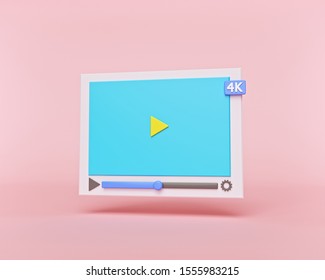 Creative Minimal Style 4k Video Media Player Interface Isolated On Pastel Red Background. Design For Social Media, Banner, Poster And Website. 3d Rendering