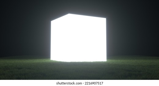 Creative Modern Surreal Ambient Panoramic Background. Night Landscape With Grass Field And Neon Light Square Form, Box Or Cube. Abstract Realistic 3d Illustration. Minimal Fantasy Art Render.