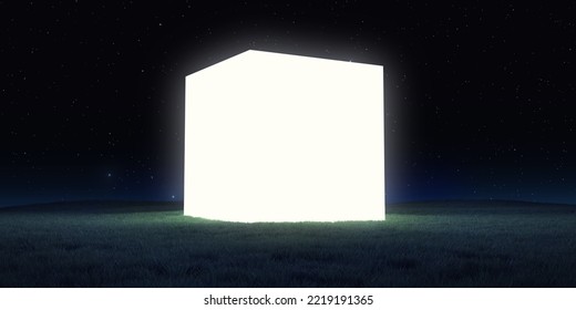 Creative Modern Surreal Ambient Panoramic Background. Night Landscape With Grass Field And Neon Light Square Form, Box Or Cube. Abstract Realistic 3d Illustration. Minimal Fantasy Art Render.