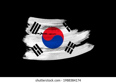 Creative National Grunge Flag, Brushstroke South Korea Flag On Black Isolated Background, Concept Of Politics, Global Business, International Cooperation, Basis For Designer