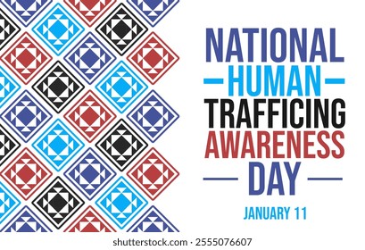 Creative national human trafficking awareness day design with bold fonts, geometric cultural patterns, and awareness ribbon symbol on January 11 - Powered by Shutterstock