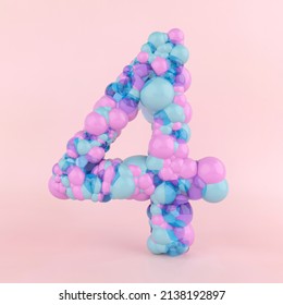 Creative number four 4 concept made of colorful pastel balloons. Balloon font concept on pastel pink background. 3D Illustration.