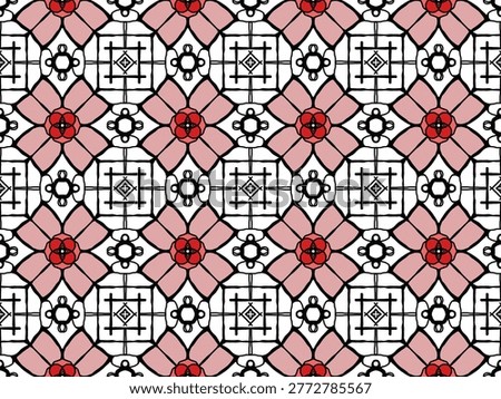 Creative oriental wallpaper design featuring repetitive symmetrical flower motifs on white background.