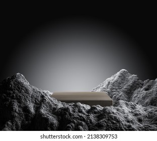 Creative Pedestal With Rock Mountain On Grey Background With Mock Up Place. 3D Rendering