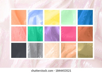 Kreative Fotocollage zum Thema der angesagten Farben der Saison 2021. Farbuhr auf Stoffhintergrund. 