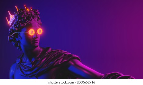 Creativo. Estatua de escayola de la cabeza de Apolo con gafas de bitcoin. Concepto mínimo art. 3d renderizado.