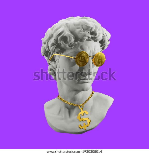 Creative. Plaster statue of David\'s head\
in bitcoinglasses. Minimal concept art. 3d\
render.