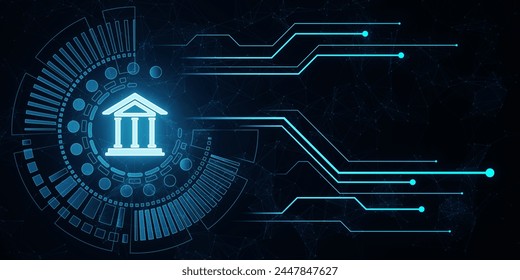 Creative polygonal circuit banking hologram on blue background. Digital transformation and online bank concept. 3D Rendering