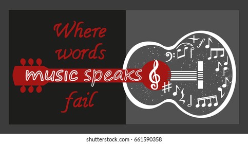 Creative poster with acoustic guitar silhouette and text Where words leave off, music begins. Hand drawn fancy letters. Template for music themed design, events card decorative illustration. - Powered by Shutterstock