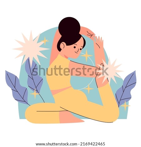 Creative poster design featuring an illustration of a woman doing yoga for Yoga Day celebrations. Illustration of a cartoon girl doing yoga. Young and happy woman meditating.