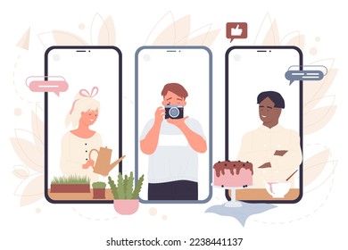 Creative profession and hobby on screens of mobile phones illustration. Cartoon photographer holding camera and shooting, gardener watering plant, pastry chef with with cake. Creativity concept - Powered by Shutterstock