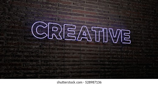 CREATIVE -Realistic Neon Sign On Brick Wall Background - 3D Rendered Royalty Free Stock Image. Can Be Used For Online Banner Ads And Direct Mailers.
