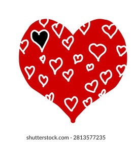 Creative red heart shape pattern decorated with small hand drawn white and one black doodle hearts.