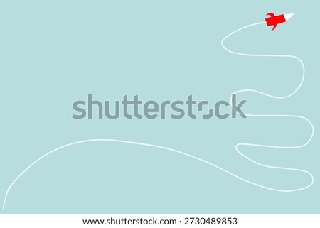 Creative rocket launching in a blue sky with a winding white path. Hand-drawn design.