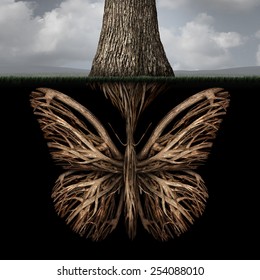 Creative Roots Concept As A Tree With A Root Shaped As A Butterfly As A Powerful Environmental Metaphor Or Symbol For Inner Thoughts And Strong Creativity Foundation.