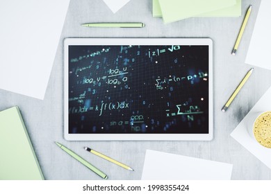 Creative scientific formula concept on modern digital tablet screen. Top view. 3D Rendering