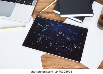 Creative scientific formula concept on modern digital tablet screen. Top view. 3D Rendering