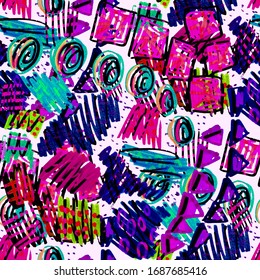 Creative seamless pattern with beautiful bright abstract elements. Colorful texture for any kind of a design. Graphic abstract background. Contemporary art. Trendy modern style.