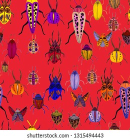 Creative seamless pattern with colorful hand drawn beetles.