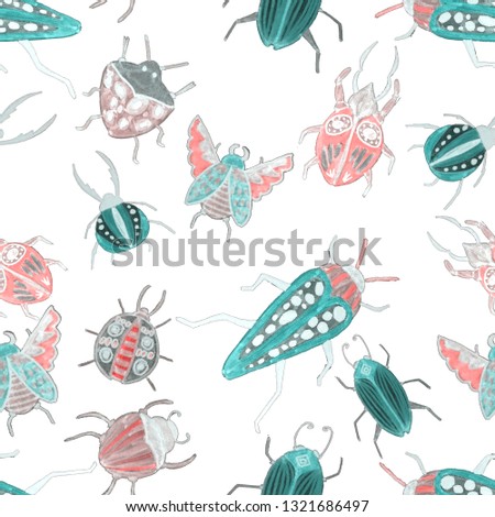 Creative seamless pattern with colorful hand drawn beetles. 
