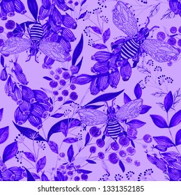 Creative seamless pattern with flowers and bees. Hand drawn texture. Surface design