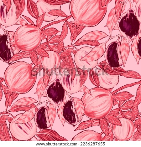 Creative seamless pattern with fruits: lemons, oranges, grapes and pomegranates. Oil paint effect. Bright summer print. Great design for any purposes