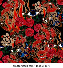 Creative seamless pattern with hand drawn snakes, lips, eyes, roses, leopard prints, flame. Fashion print. Can be used for any kind of a design.