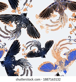Creative Seamless Pattern With Hand Drawn Chinese Art Elements: Dragon, Phoenix And Flowers. Trendy Print. Fantasy Chinese Print, Great Design For Any Purposes. Asian Culture. Abstract Art.