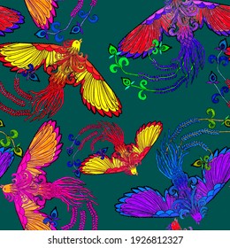 Creative Seamless Pattern With Hand Drawn Chinese Art Elements: Dragon, Phoenix And Flowers. Trendy Print. Fantasy Chinese Print, Great Design For Any Purposes. Asian Culture. Abstract Art.	