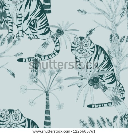 Creative seamless pattern with hand drawn tiger in tropical forest. Trendy style.
