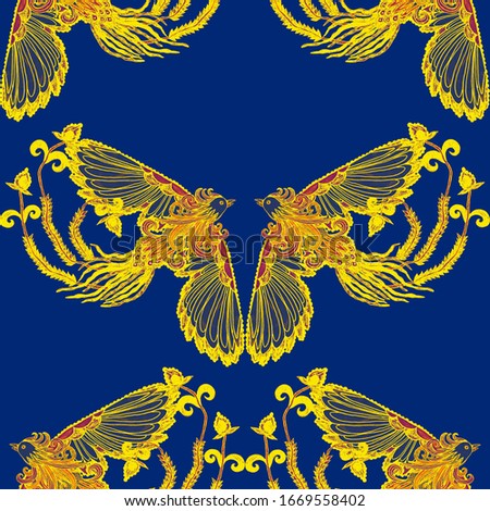 Creative seamless pattern with hand drawn chinese art elements: phoenix, lantern, fan and flowers. Trendy print. Fantasy chinese phoenix, great design for any purposes. Asian culture. Abstract art.