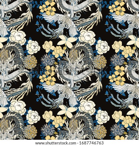 Creative seamless pattern with hand drawn chinese art elements: dragon, phoenix and flowers. Trendy print. Fantasy chinese print, great design for any purposes. Asian culture. Abstract art.