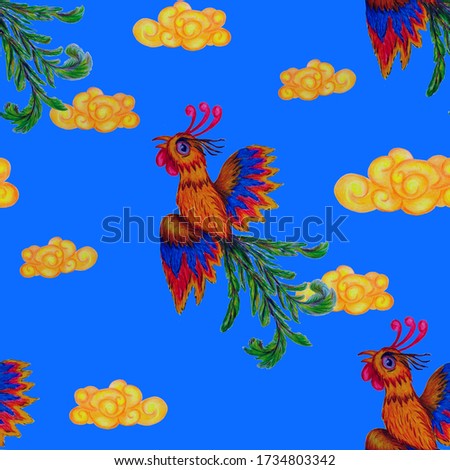 Creative seamless pattern with hand drawn chinese dragon, phoenix. Fantasy decorative print. Colored pencils.