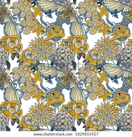 Creative seamless pattern with hand drawn chinese art elements: phoenix, lantern, fan and flowers. Trendy print. Fantasy chinese phoenix, great design for any purposes. Asian culture. Abstract art.