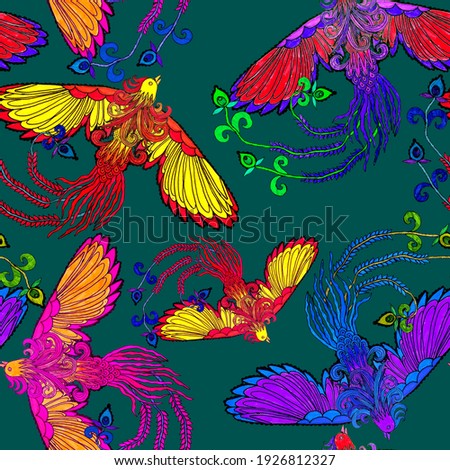 Creative seamless pattern with hand drawn chinese art elements: dragon, phoenix and flowers. Trendy print. Fantasy chinese print, great design for any purposes. Asian culture. Abstract art.	