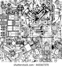 Creative seamless pattern made up of drawings of old motors. 