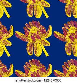 Creative seamless pattern with tropical leaves and flowers. Trendy texture with hand drawn exotic plants.
