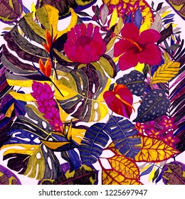 Creative seamless pattern with tropical leaves and flowers. Trendy texture with hand drawn exotic plants.