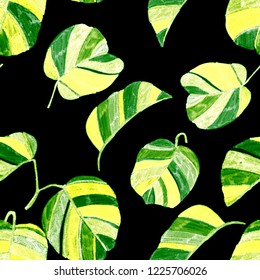 Creative seamless pattern with tropical leaves and flowers. Trendy texture with hand drawn exotic plants.