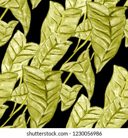 Creative seamless pattern with tropical leaves. Trendy hand drawn texture.
