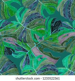 Creative seamless pattern with tropical leaves and flowers. Trendy texture with hand drawn exotic plants.
