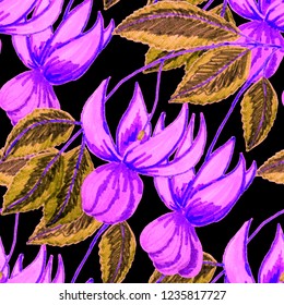 Creative seamless pattern with tropical leaves and flowers. Trendy texture with hand drawn exotic plants.
 - Shutterstock ID 1235817727