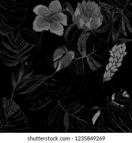 Creative seamless pattern with tropical leaves and flowers. Trendy texture with hand drawn exotic plants.
