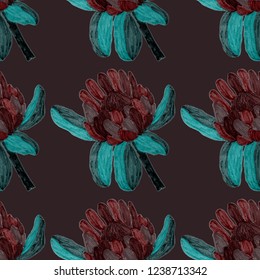 Creative seamless pattern with tropical leaves and flowers. Trendy texture with hand drawn exotic plants.
